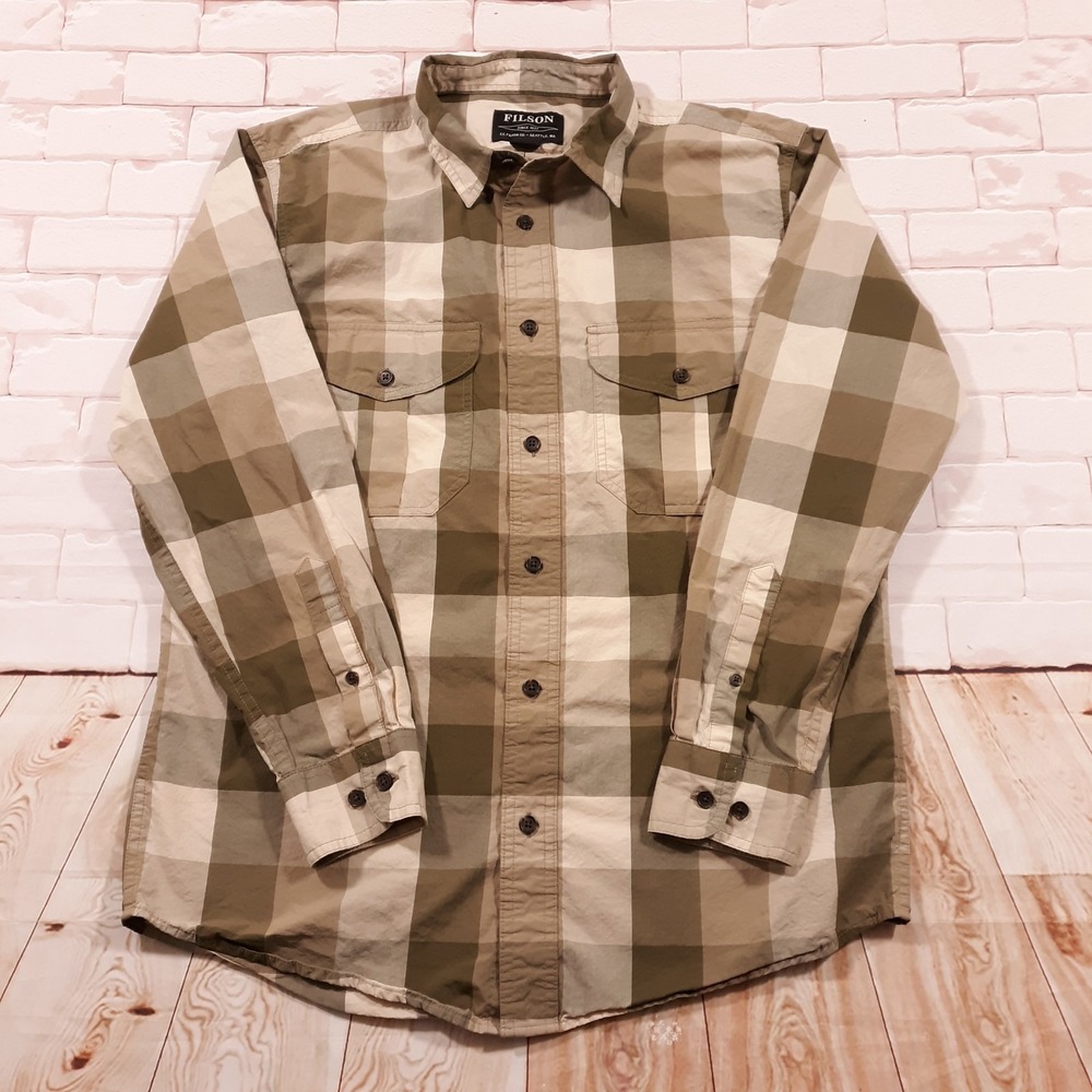 Filson Shirt Mens Small Beige Green Outdoor Hiking Cotton Pockets